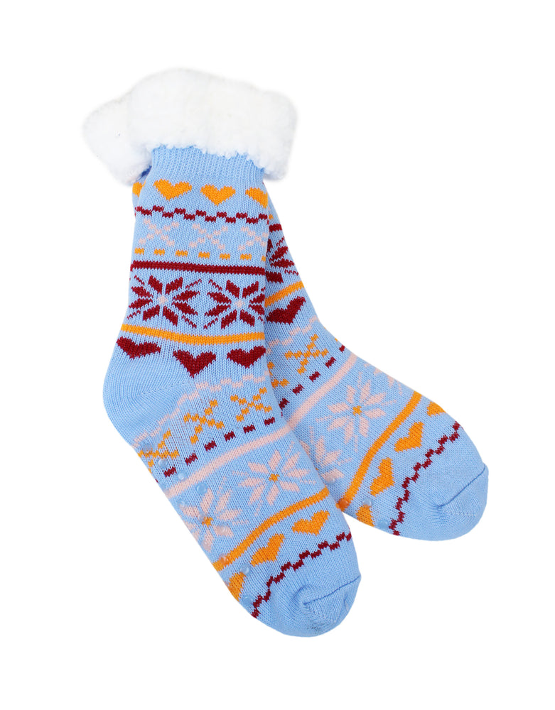 Cozy fair isle hearts slipper socks with sherpa lining, light blue. Colour:  blue