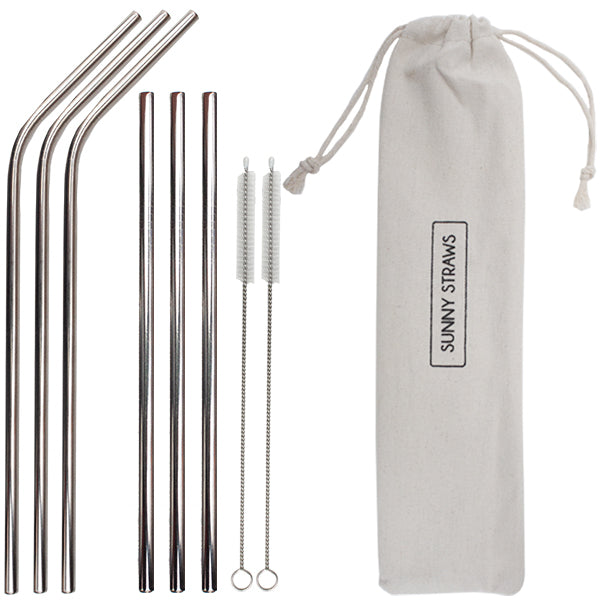 Silver Straight and Bent Straw Set (6) with Brushes (2)