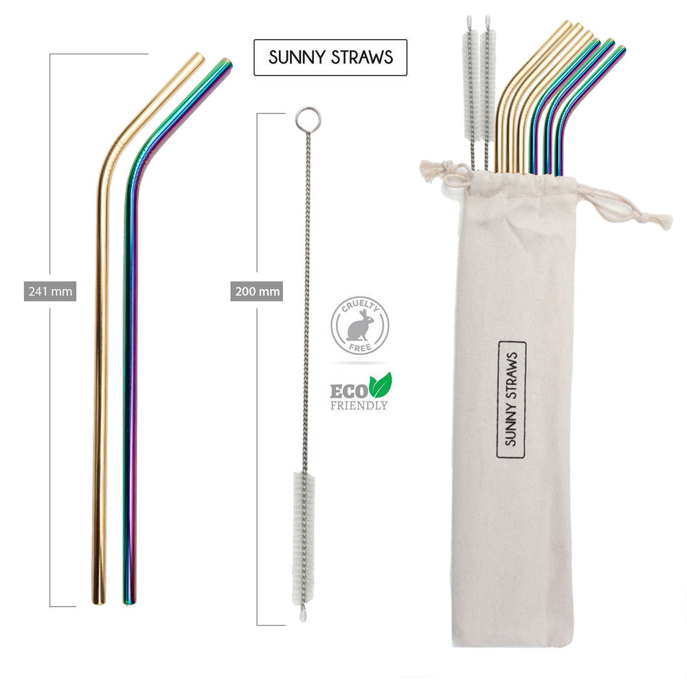 Rainbow and Gold Bent Straw Set (6) with Brushes (2)